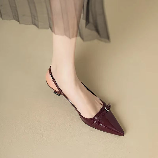 2024 New Summer French Wine Red Pointed Patent Leather Mid-Heel Overhead Sandals for Women Retro Skinny Heel Back Empty Shoes