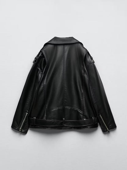 Women Loose Motorcycle Biker Black Pu Faux Leather Jacket with Belt Spring Autumn Female Zipper Coat Outwear