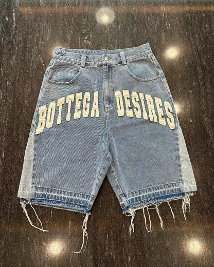 Bottega Desire Y2K New Cowboy Skateboard Shorts Cartoon Embroidery Men and Women Loose Jeans Wide-Leg Pants Hip-Hop Street Jeans