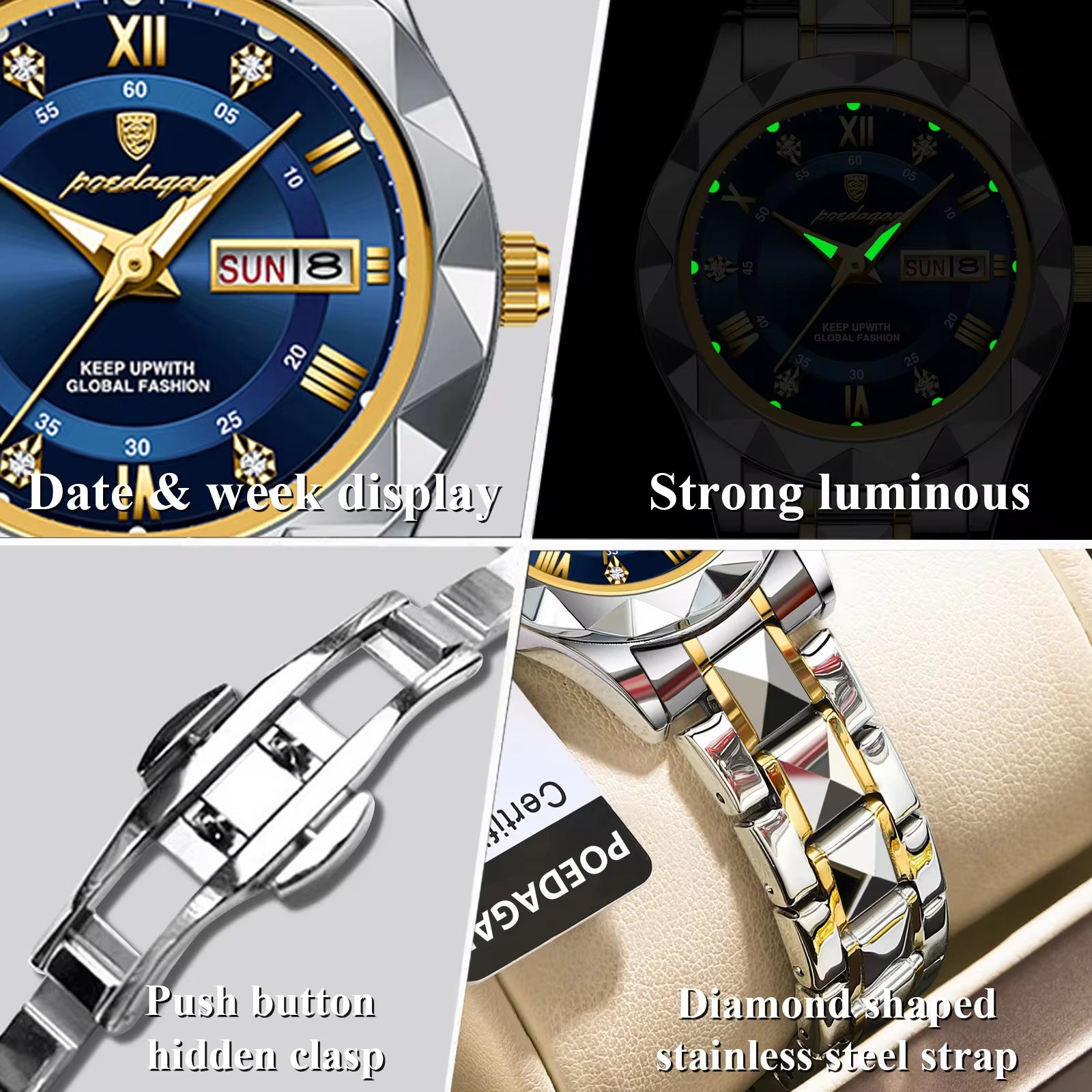 Luxury Ladies Dress Watch - Luminous, Waterproof, Week & Date Display, Stainless Steel, Quartz Movement, Gift Box Included