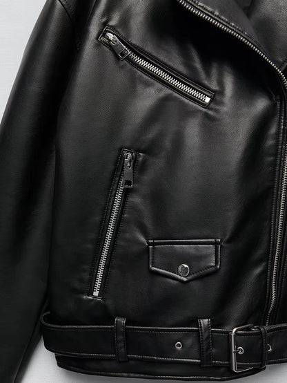 Women Loose Motorcycle Biker Black Pu Faux Leather Jacket with Belt Spring Autumn Female Zipper Coat Outwear