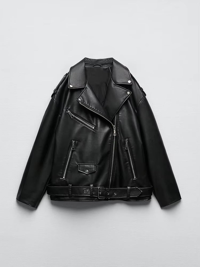 Women Loose Motorcycle Biker Black Pu Faux Leather Jacket with Belt Spring Autumn Female Zipper Coat Outwear